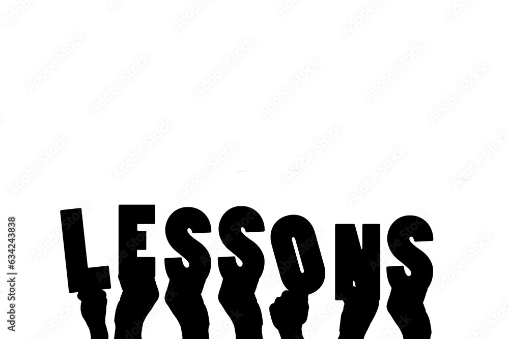 Poster digital png illustration of hands with lessons text on transparent background