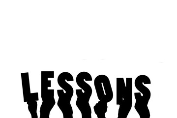 Digital png illustration of hands with lessons text on transparent background