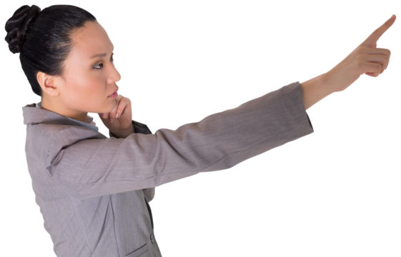 Digital png photo of asian businesswoman touching virtual screen on transparent background