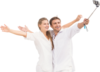 Digital png photo of happy caucasian couple taking smartphone selfie on transparent background