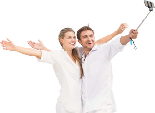 Digital png photo of happy caucasian couple taking smartphone selfie on transparent background