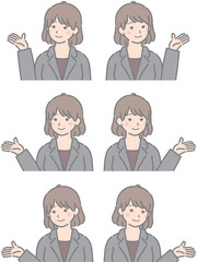 案内ポーズをする若い女性（スーツ）