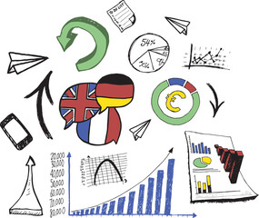 Digital png illustration of french, german and uk flags and economic data on transparent background