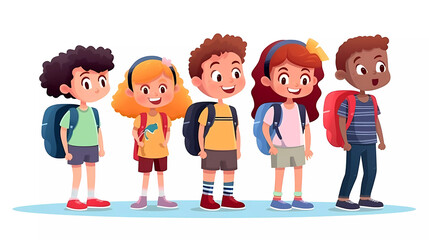 Group of happy kids with backpacks.Cartoon characters. Vector illustration.Back to school concept.primary school. 