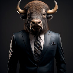 Bison wearing a suit. Hyperealistic anthropomorphic animal portrait. AI rendered image.