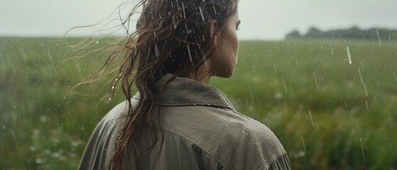 close-up vibrant photo of a woman seen from the back in the rainy and cloudy weather