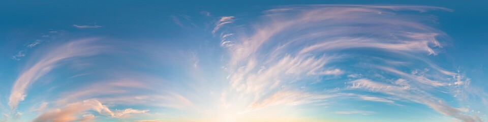 Fototapeta premium Sunset sky panorama with bright glowing pink Cirrus clouds. Seamless hdr 360 panorama in spherical equirectangular format. Full zenith for 3D visualization, sky replacement for aerial drone panoramas.