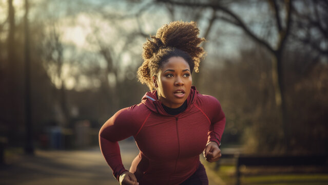 Young Black Woman Jogging On The Street, Active And Dynamic