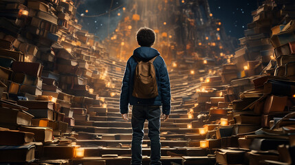 Child walking a stairway with a books. Generative Ai - obrazy, fototapety, plakaty