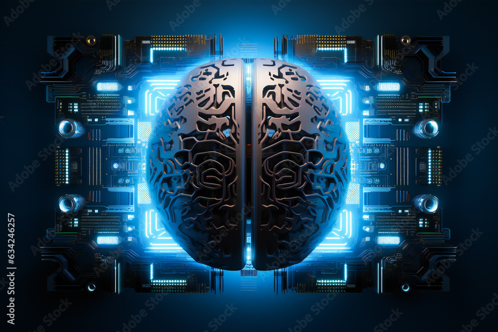 Aufkleber stylized brain over computer circuit. brain linked to computer and artificial intelligence concept.