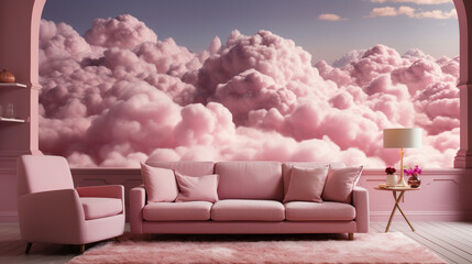 Cloud floating in a pink room. Generative Ai