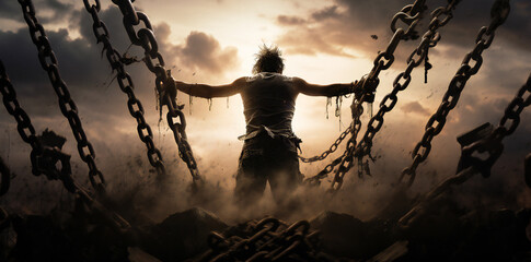 A man breaking his chains. Concept of breaking free of constrains, liberation and freedom.