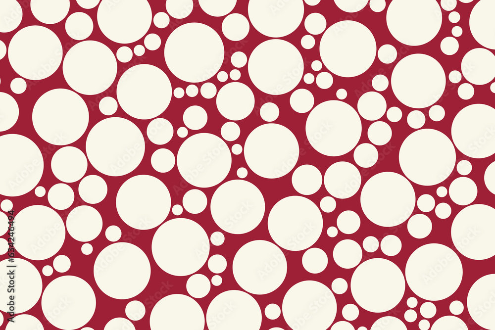 Poster white chaotic circles mosaic on a red background. random size bubble dots pattern. circle grunge wal
