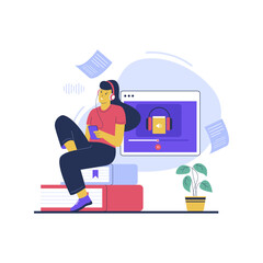 Vector of woman listening to online learning. Flat vector illustration isolated on white background
