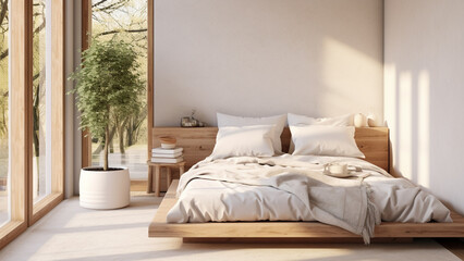Wooden bed and white bedding interior by warm sunny window