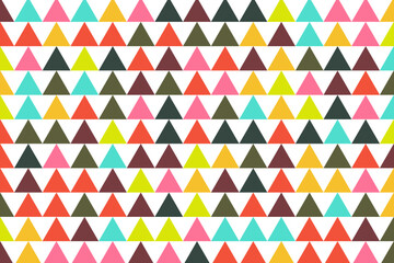 Colorful triangle seamless pattern. Abstract pink, yellow, red and white geometric triangles vector background. Triangular pyramid mosaic.