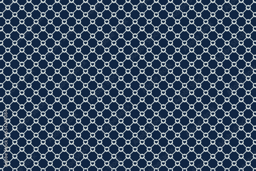 Poster blue line rhombuses with hearts in nodes love pattern. quilted square lines with heart in circles on