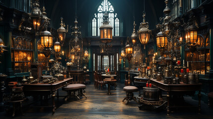 Interior of an antique store with old  objects and furniture. Generative Ai