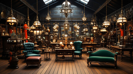 Naklejka premium Interior of an antique store with old objects and furniture. Generative Ai