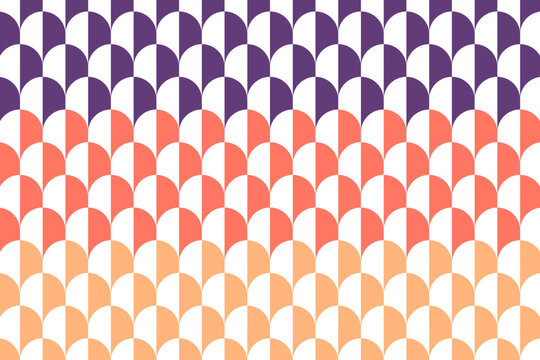Stylish colorful art deco scallops wallpaper vector illustration. Purple, white, red and orange fish scales japanese pattern. oval oblong circles geometric shape structure. 