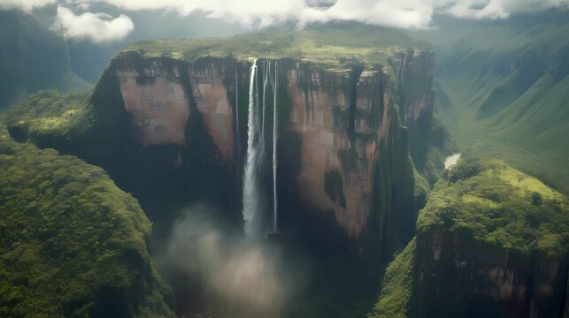Angel Falls , the world's tallest waterfall, Angel Falls, as it cascades down the Tepui cliffs surrounded by lush rainforest, highlighting the sheer height and natural beauty