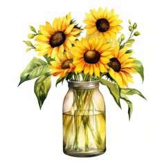 Sunflowers on the glass vase yellow flowers watercolor illustration