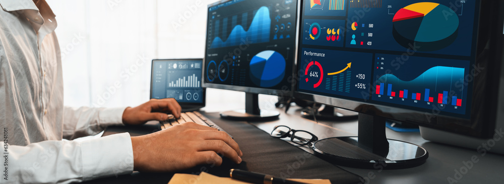 Poster analyst working on data analysis or bi dashboard on computer monitor. businessman analyzing financia