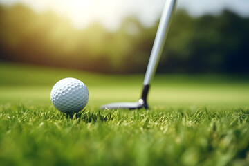 Fototapeta na wymiar closeup view of golf stick and golf ball on the grass