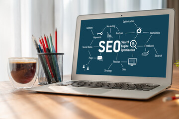 SEO search engine optimization for modish e-commerce and online retail business showing on computer...