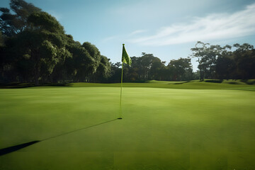 Obraz premium Golf Course Beauty. Green Fairway with Flagsticks on a Breezy Day