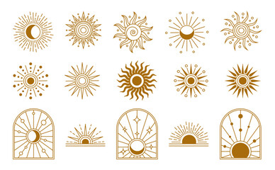 Sun logo. Boho logotype gold elements, yoga icon collection, celestial moon and sunset set, mystic zodiac eye and rainbow. Summer bohemian minimal vector tidy line illustration