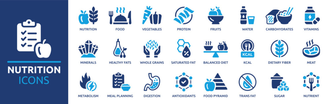 Nutrition icon set. Containing food, vegetables, water, meal planning, fruits, dietary fiber, protein, vitamins, healthy fats and carbohydrate icons. Solid icon collection. Vector illustration.