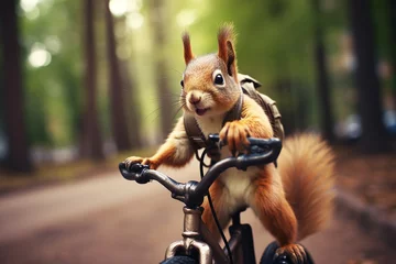 Schilderijen op glas Funny squirrel with backpack riding a bicycle © Slepitssskaya