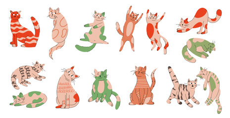 Funny cats. Cute colorful adorable animals in different poses. Doodle drawing stickers. Sitting and playing kitty. Happy pets sitting. Playful mammals. Cartoon flat isolated vector characters