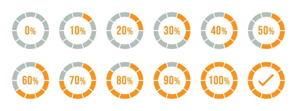 Percentage infographics in orange color. Circle loading and circle progress collection. Set of circle percentage diagrams for infographics 0 10 20 30 40 50 60 70 80 90 100 percent in orange color.