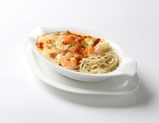 oven baked creamy cheese carbonara cream sauce pasta noodle with fresh big prawn seafood chicken chop in bowl on brown cloth white background design western chef cuisine halal food menu for cafe