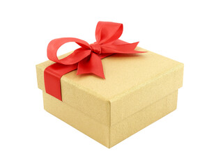 luxury gold cardboard gift box with red ribbon bow isolated on transparent