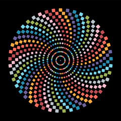 Colorful squares spiral circle isolated on black background. Squarish circular swirl mandala vector illustration.