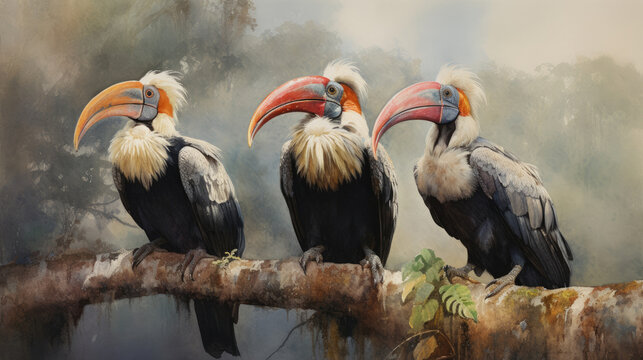 Hornbills painted in beautiful watercolors. Generative Ai