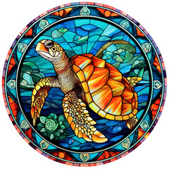 stained glass sea turtle yellow and turquoise, round shape isolated 