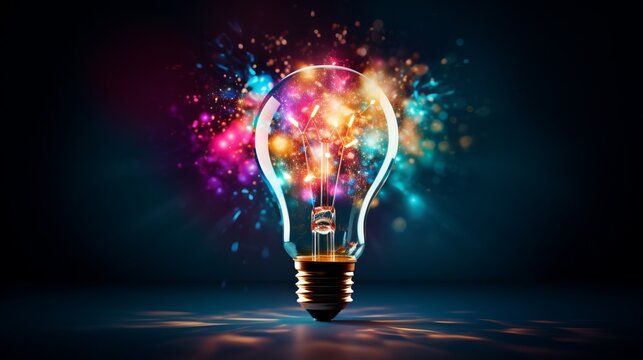 Creative light bulb explodes with colorful paint and colors. New idea, brainstorming concept. Banner
