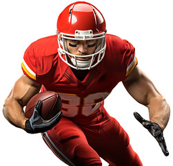 American football player in a red uniform runs with a ball in his hand