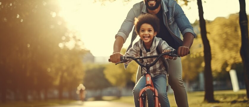 happy family and kid ride bicycles in park in morning, hobby and relax, Generative AI