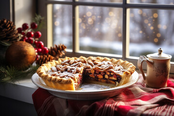 Cozy pie near the window with winter christmas decoration