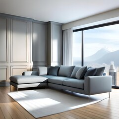 living room with a gray sofa, white & gray colors