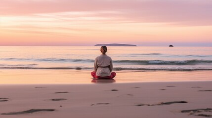 Fototapeta na wymiar yoga meditating on a pastel pink beach at sunrise