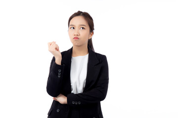 Portrait beautiful young asian businesswoman standing thinking idea with doubt for planning while serious isolated white background, business woman decision for choice with expression confused.