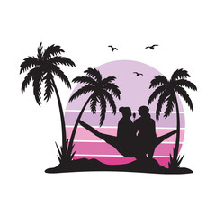 romantic couple on hammock watching pink sunset vector silhouette. elderly couple on a hammock, palm trees, pink sunset vector silhouette