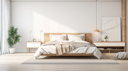 Modern interior design of Scandinavian elegant bedroom, Generative AI