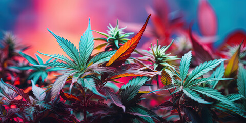 Cannabis leaves and flowers, colorful background. Generated AI